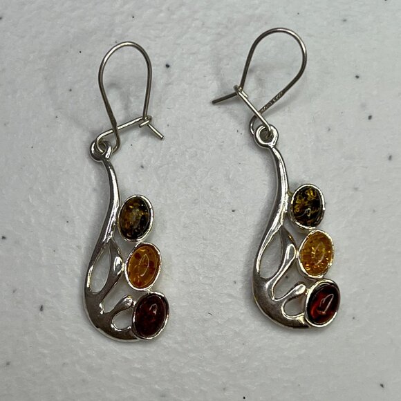 Amber Sterling Silver 925 Drop Earrings Jewelry With Multicolor Oval Cabochons - Picture 8 of 11